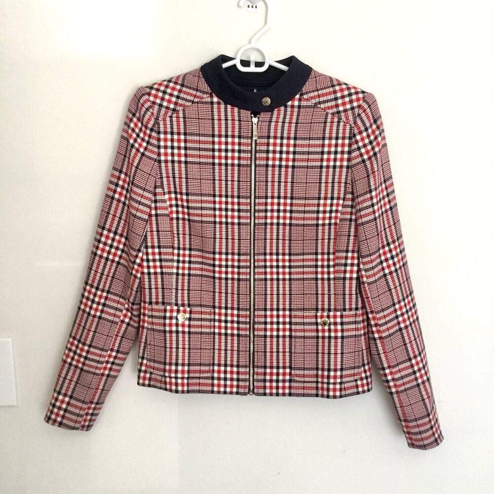 TOMMY HILFIGER Women's RED BLUE WHITE HOUNDSTOOTH  Plaid Zip-Up Jacket Sz 4 - Picture 2 of 9